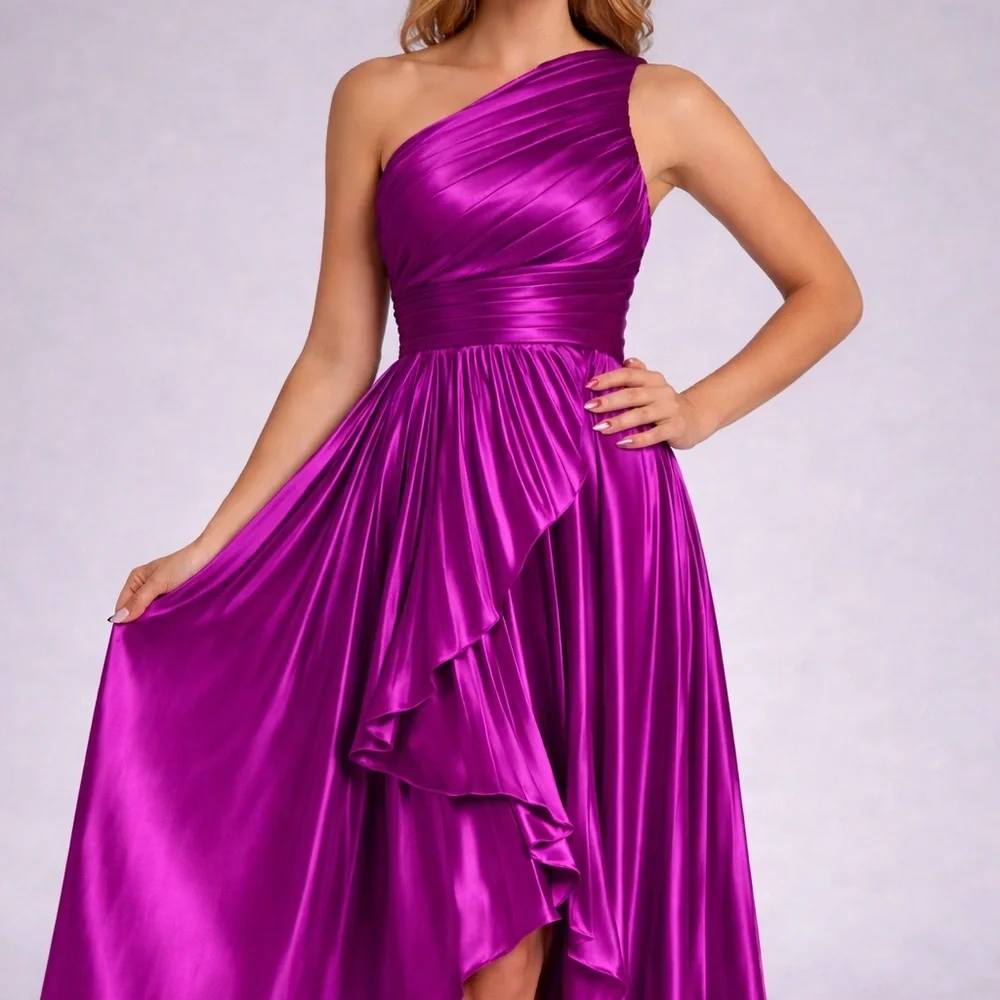One-Shoulder Fuchsia Ruffled High-Low Evening Gown - Picture 4 of 5